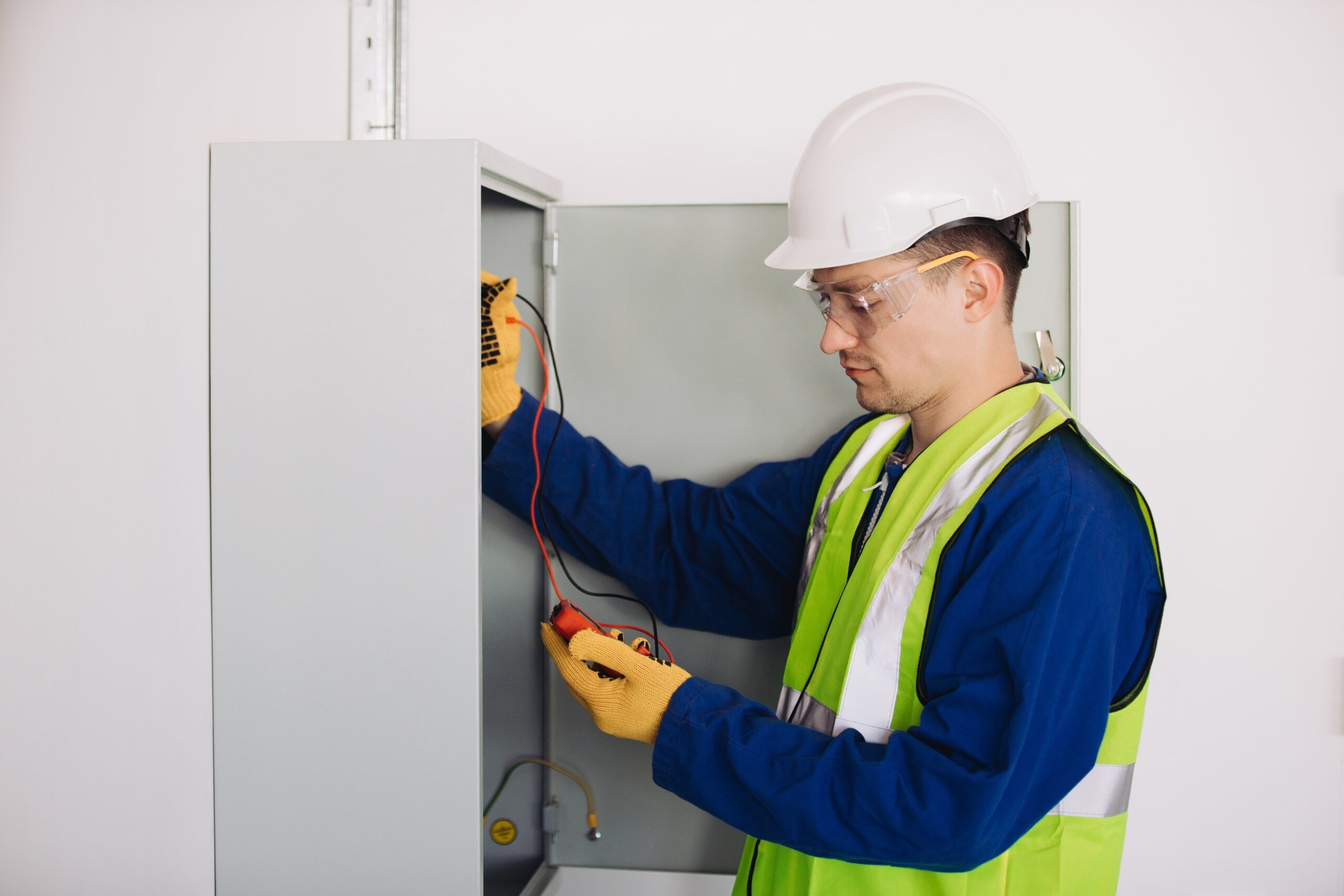 Licensed electrician for safe power distribution inspecting electrical panel in a large home